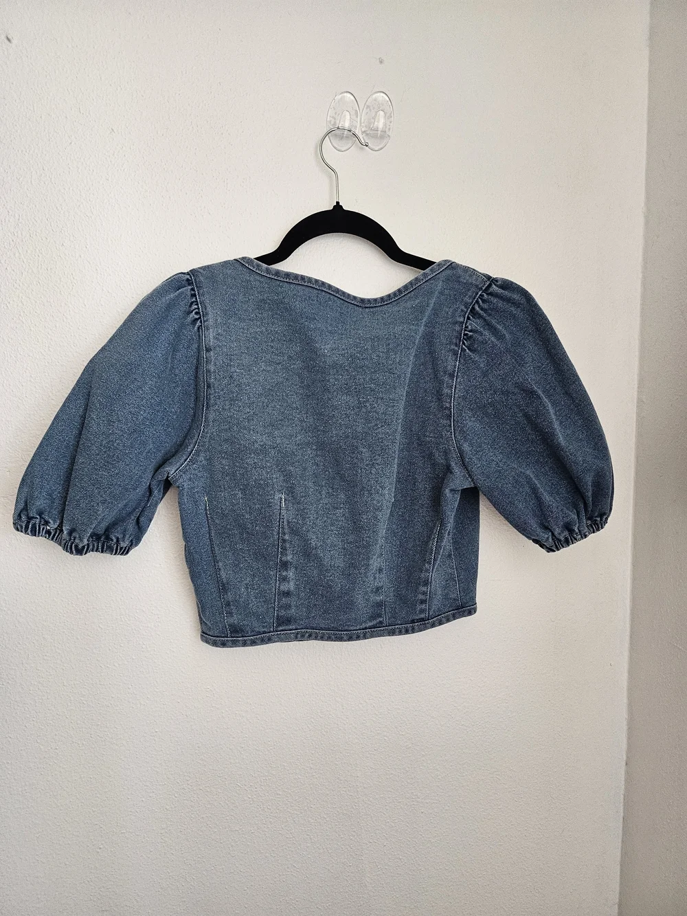 Forever 21 Blue Denim Puff-Sleeve Cropped Button-Front Top Sz S Festival Cowgirl - Picture 3 of 6